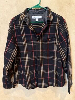 Old Navy Black Plaid Shirt Jacket with Tan and Red Windowpane heavy duty large
